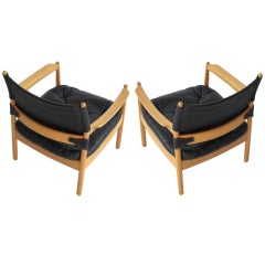 Swedish Black Leather Lounge Chairs