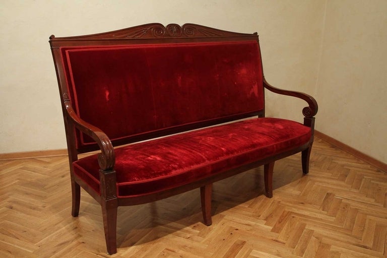 Directoire 18th Century French George Jacob Manner Hand Carved Mahogany Upholstered Sofa For Sale