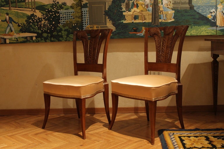 Directoire Pair of Italian Walnutwood Dining Chairs with Windsor Feathers and Peach Silk