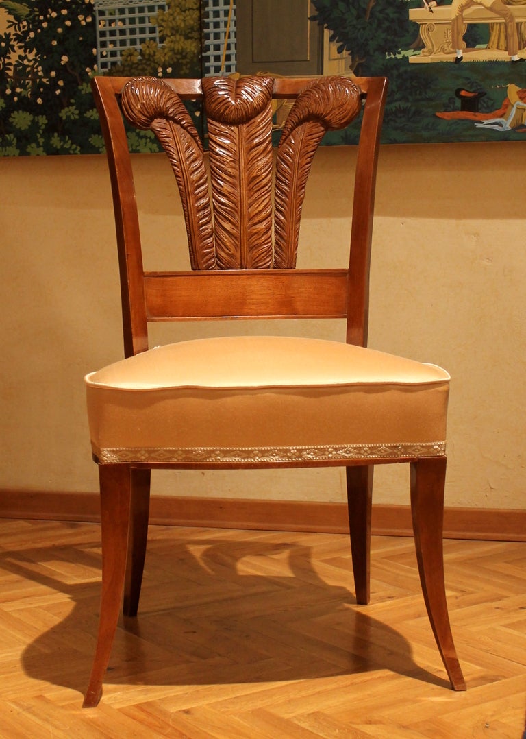 Hand-Carved Pair of Italian Walnutwood Dining Chairs with Windsor Feathers and Peach Silk