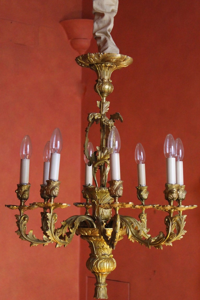 France, 19th century
A beautiful bright ormolu finely chiseled bronze eight-arm chandelier, decorated with acanthus leaves.
The foliate corona above a vasiform standard mounted with bouquets and supporting eight leafy arms with swirling leaf candle