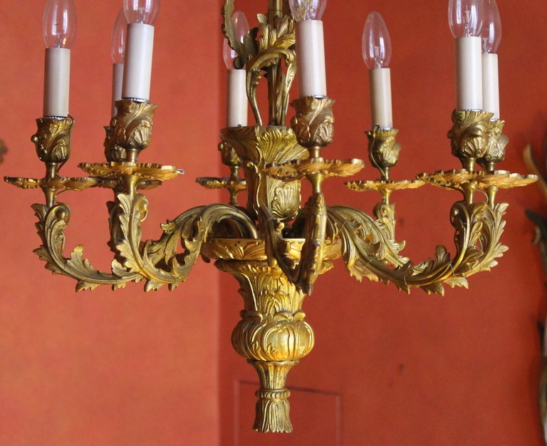 French Rococo Gilt Bronze Eight-Arm Chandelier with Foliate Patterns In Excellent Condition In Firenze, IT