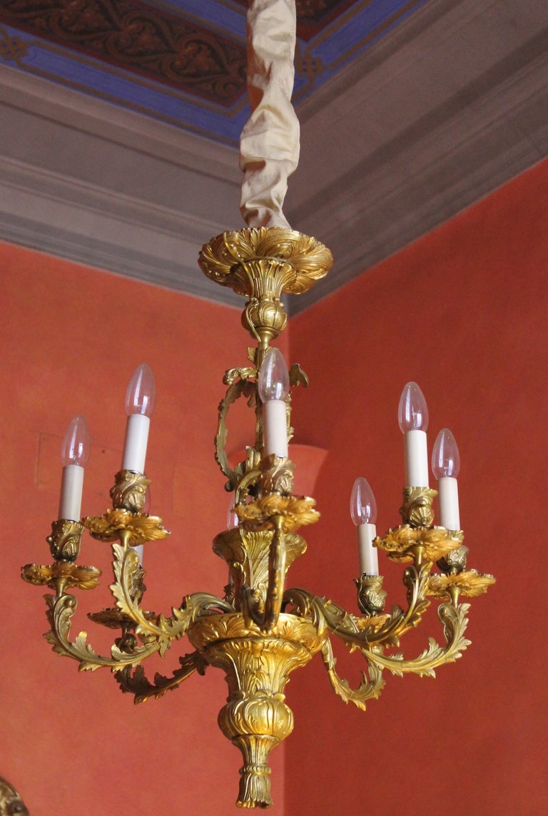 19th Century French Rococo Gilt Bronze Eight-Arm Chandelier with Foliate Patterns