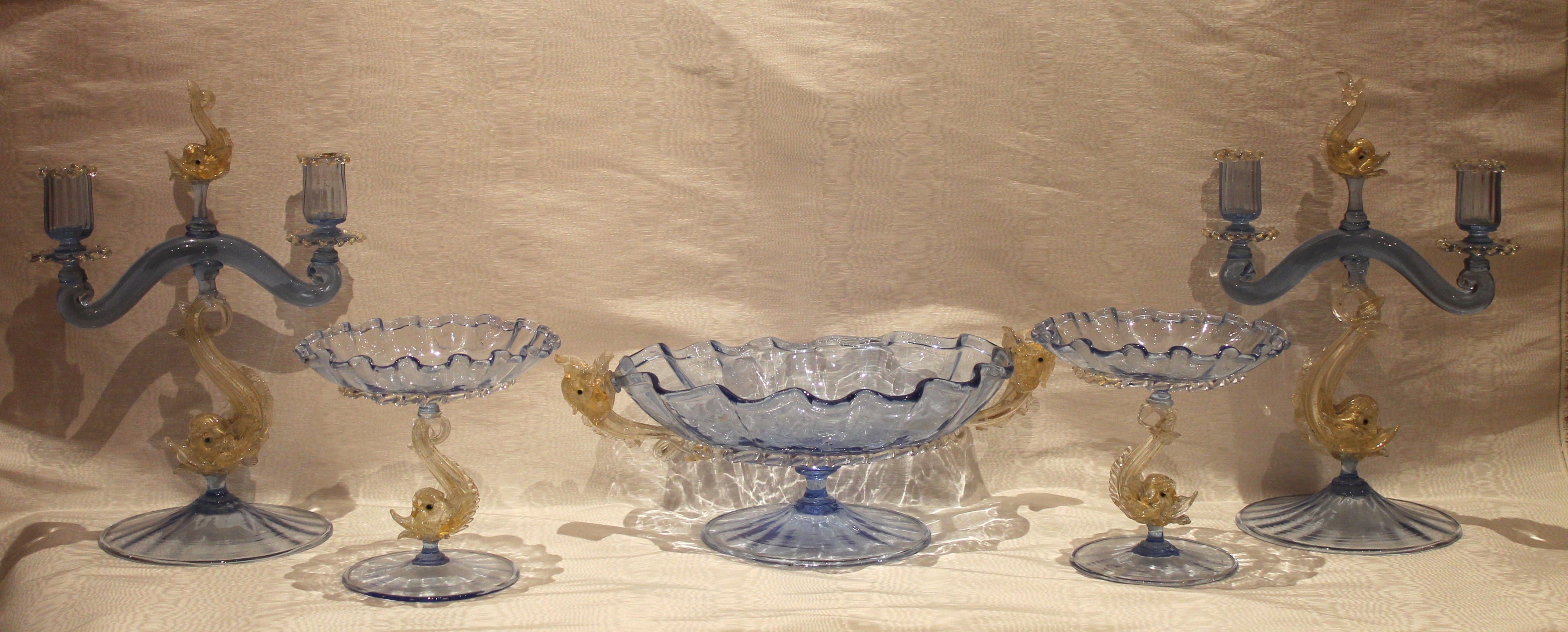 Antique Handblown Blue Murano Centerpiece Set with Candlesticks and Bowls