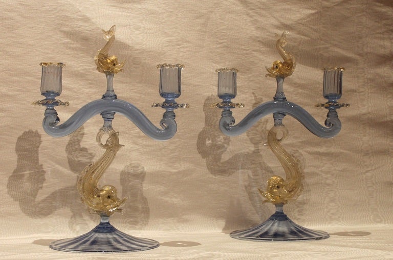 This Fabulous 18th Century Venetian dramatic five-piece centrepiece with two candlesticks and three bowls is handblown in a shining blue and gold color. The bowls with undulating rims which are folded over to create a darker border. The handblown