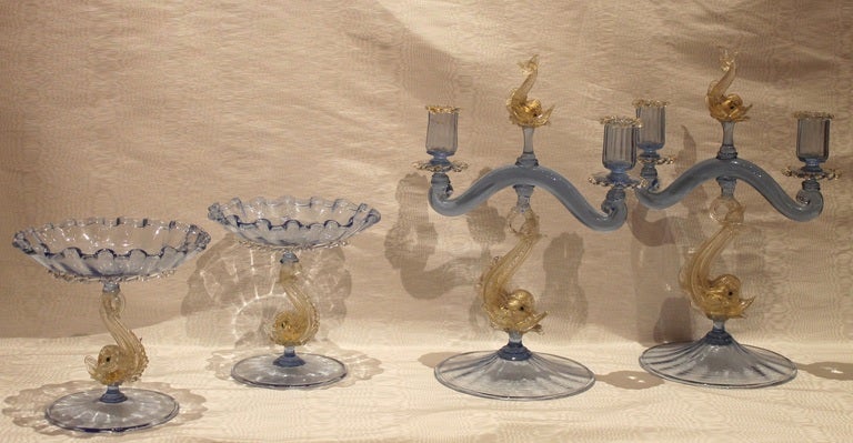 Antique Handblown Blue Murano Centerpiece Set with Candlesticks and Bowls In Excellent Condition In Firenze, IT