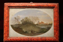 18th Century Rectangular Landscape Oil Painting on Glass with Red Lacquer Frame