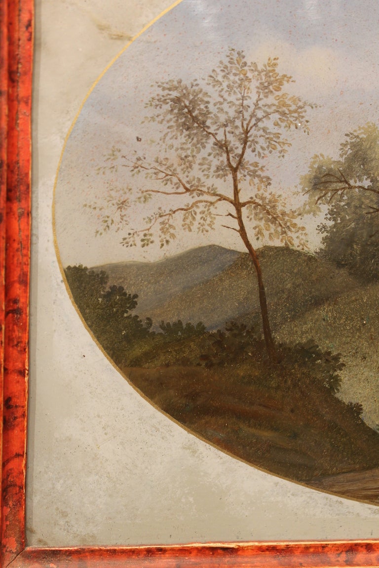 Unknown 18th Century Rectangular Landscape Oil Painting on Glass with Red Lacquer Frame