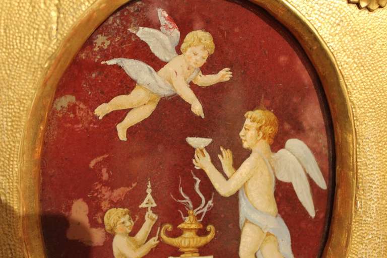 Italian Neoclassical Style Putti Oil Painting on Oval Glass in Giltwood Frame 1