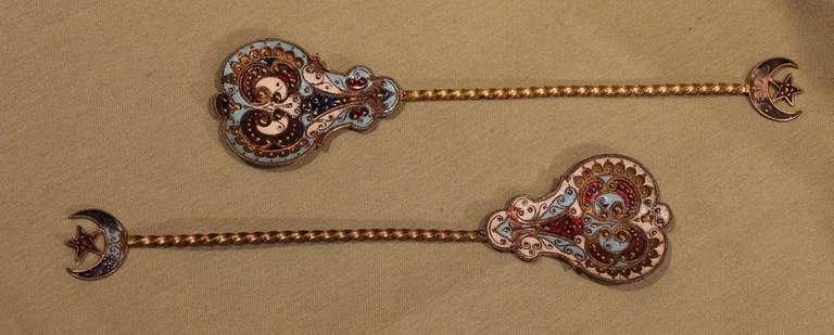 A Pair of 19th Century Russian Enameled and Gilded Spoons
