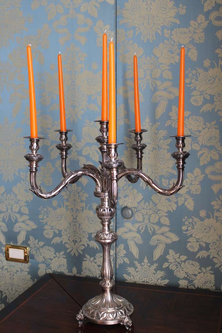 A Pair of Italian  7 arms Silver-Plated Copper Candleholders In Excellent Condition In Firenze, IT