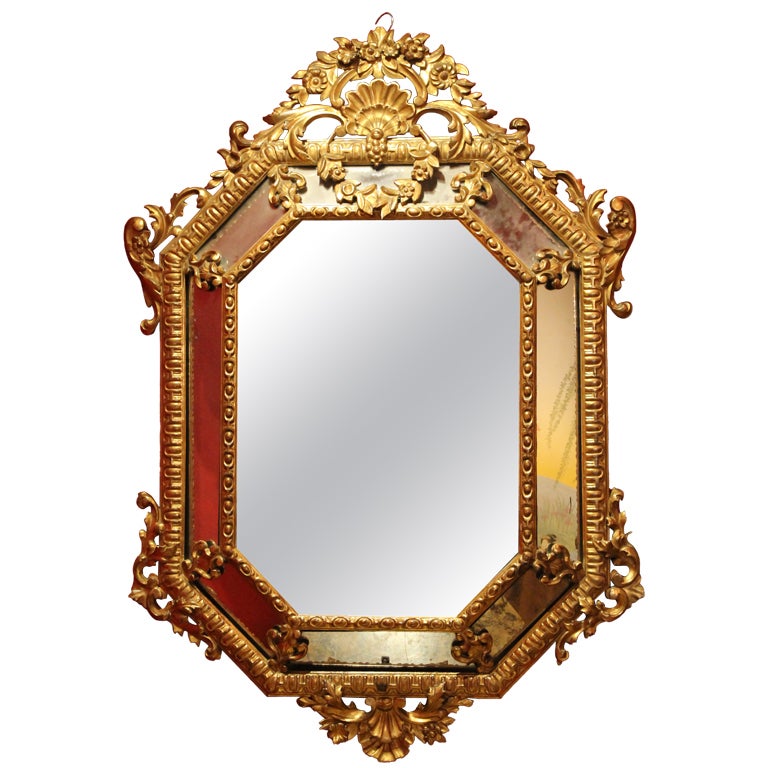 Italian 18th Century Diamond Shape Mercury Mirror in Hand-Carved Giltwood Frames
