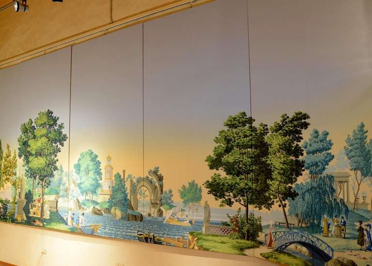 Paris, 1773-1852
A very rare and complete Zuber scenic wallpaper depicting the whole scene of « Les Jardins français », the charming Papier-peint designed by Pierre Mongin and manufactured by Jean-Henri Zuber in 1836. You can admire this historic,