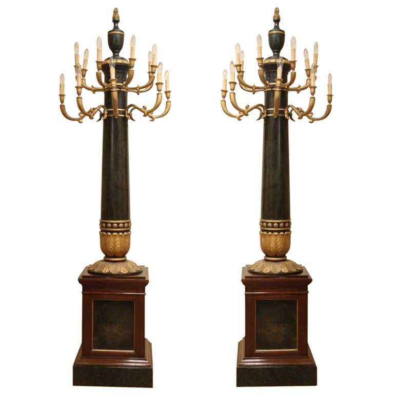 A Pair of Florentine Empire Period Lacquer and Gilt Wood Column Shape Floor Lamp
