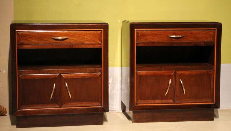 Italy, Art Deco period.
 Pair of beautiful Art Deco style very precious wood nightstands or side tables with smoked glass top, single drawer, original handles, beautiful patina, convenient size. Cabinet with shelf area above so they really have