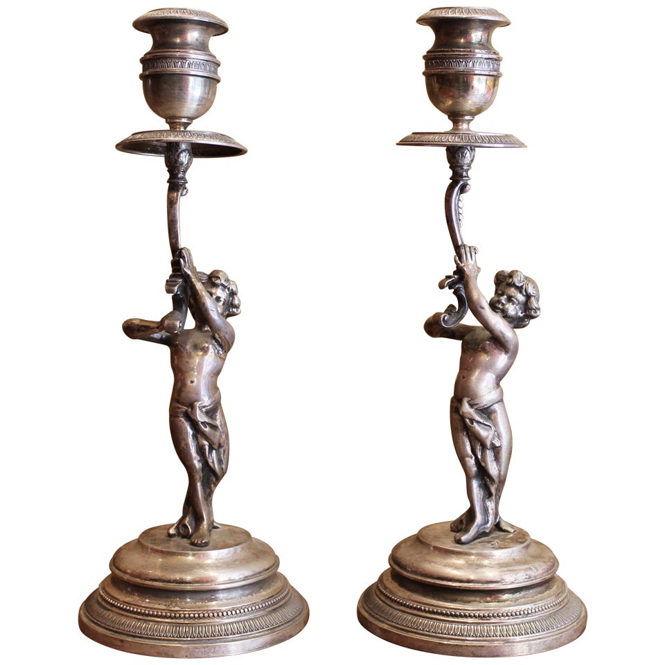 Italian Silver Candlestick with Putti