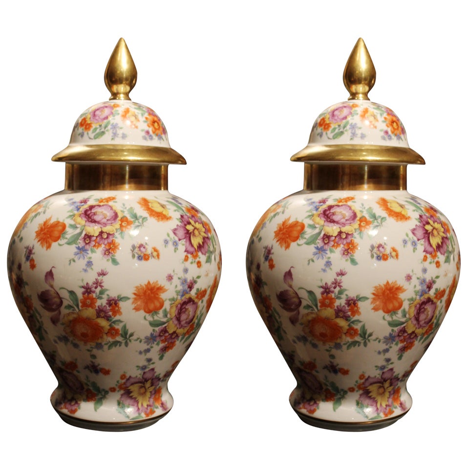 Pair of German Chinoiserie Porcelain Vases with Cover and Floral Decorations