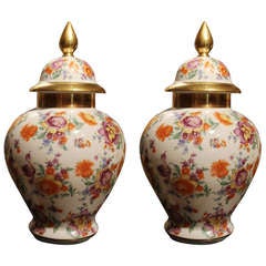 Pair of German Chinoiserie Porcelain Vases with Cover and Floral Decorations