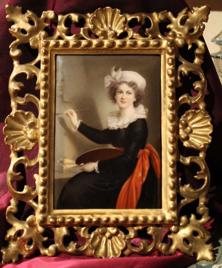 This lovely and extremely detailed miniature depicts the Self portrait of Elisabeth Louise Vigée Le Brun, the porcelain rectangular plaque, that dates back to late 18th Century, is finely hand painted with oil colors. the artist portrayed with