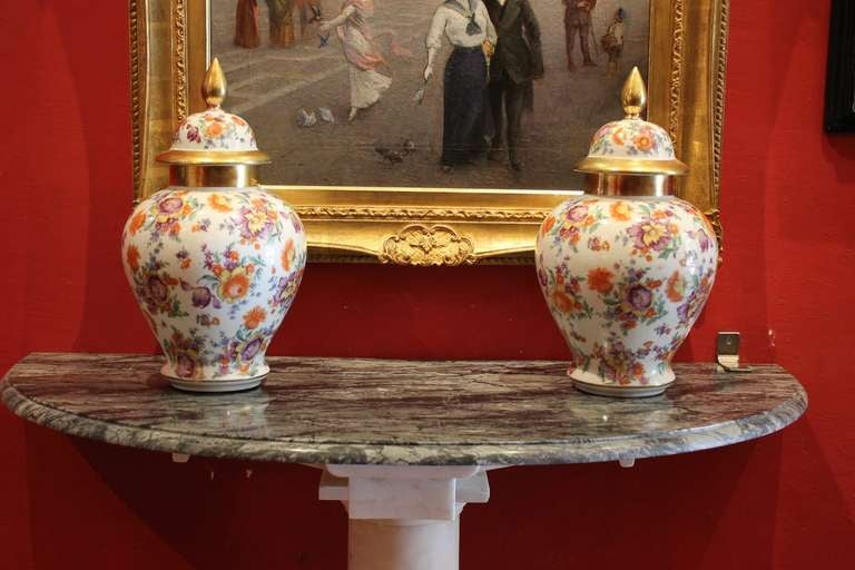 20th Century Pair of German Chinoiserie Porcelain Vases with Cover and Floral Decorations