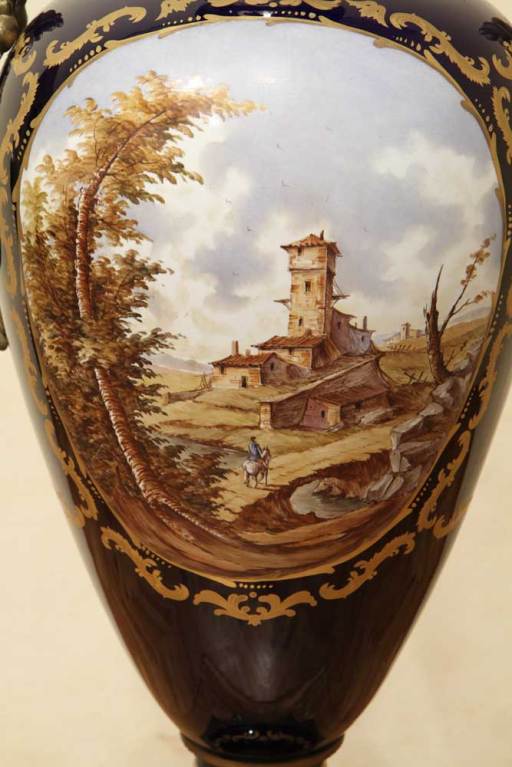 Glazed Napoleon III Blue Royal Lidded Vases Hand Painted Landscapes and Bronze Handles