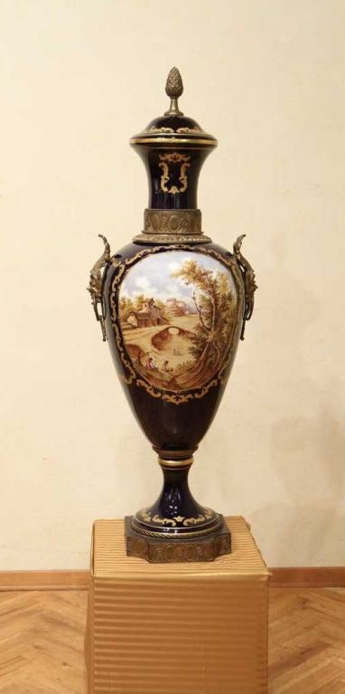 19th Century Napoleon III Blue Royal Lidded Vases Hand Painted Landscapes and Bronze Handles For Sale