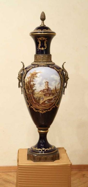 Napoleon III Blue Royal Lidded Vases Hand Painted Landscapes and Bronze Handles 1