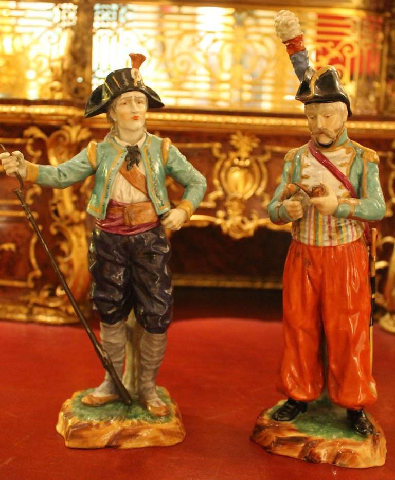 A fine pair of French hand painted  Sèvres soldier figurines in perfect conditions, both with the red signature “m.Jmple Sèvres.