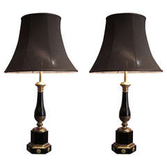Pair of French Empire Style 19th Century Lacquered and Gilt Bronze Table Lamps 1