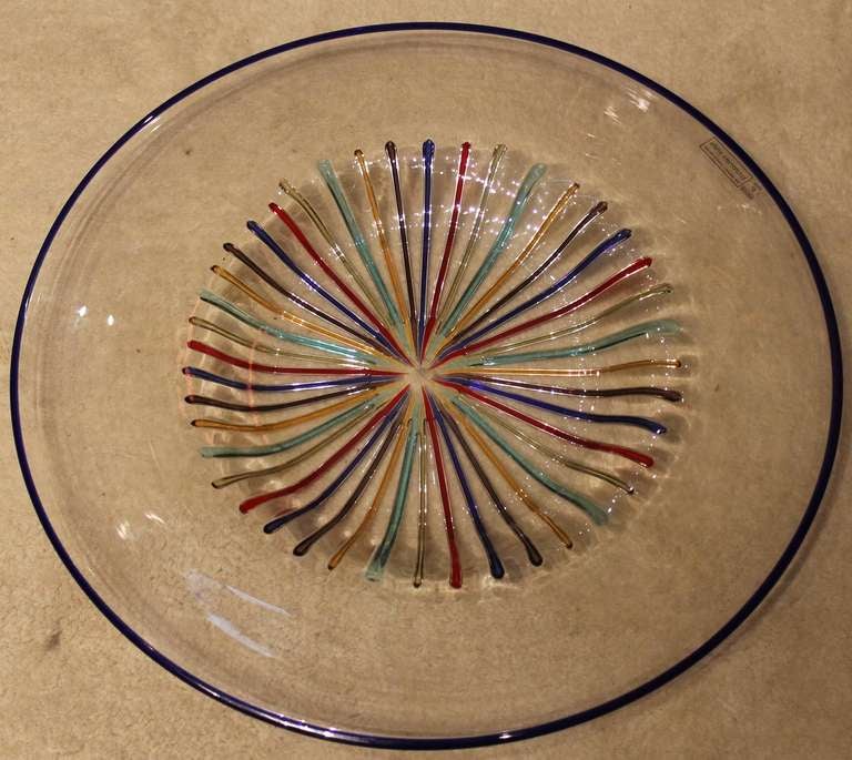 A beautiful work of art made by the famous glass Master Lino Tagliapietra. This polychromed sculpture or plate is a handblown Murano glass, a piece of the collection called Rainbow made for Effetre International. The disc sculpture is Signed 