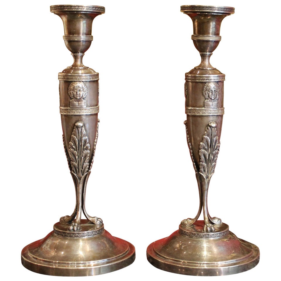 A Pair of German Empire Period Silver Candlesticks by J.M.Schott with Greek Key