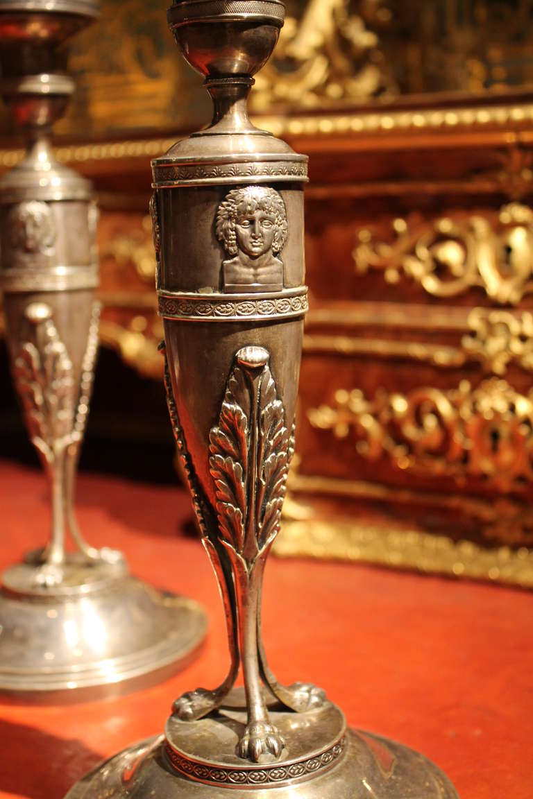 Embossed A Pair of German Empire Period Silver Candlesticks by J.M.Schott with Greek Key