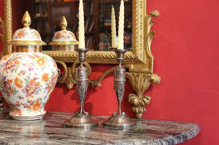 A Pair of German Empire Period Silver Candlesticks by J.M.Schott with Greek Key In Excellent Condition In Firenze, IT