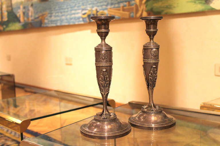 A Pair of German Empire Period Silver Candlesticks by J.M.Schott with Greek Key 4