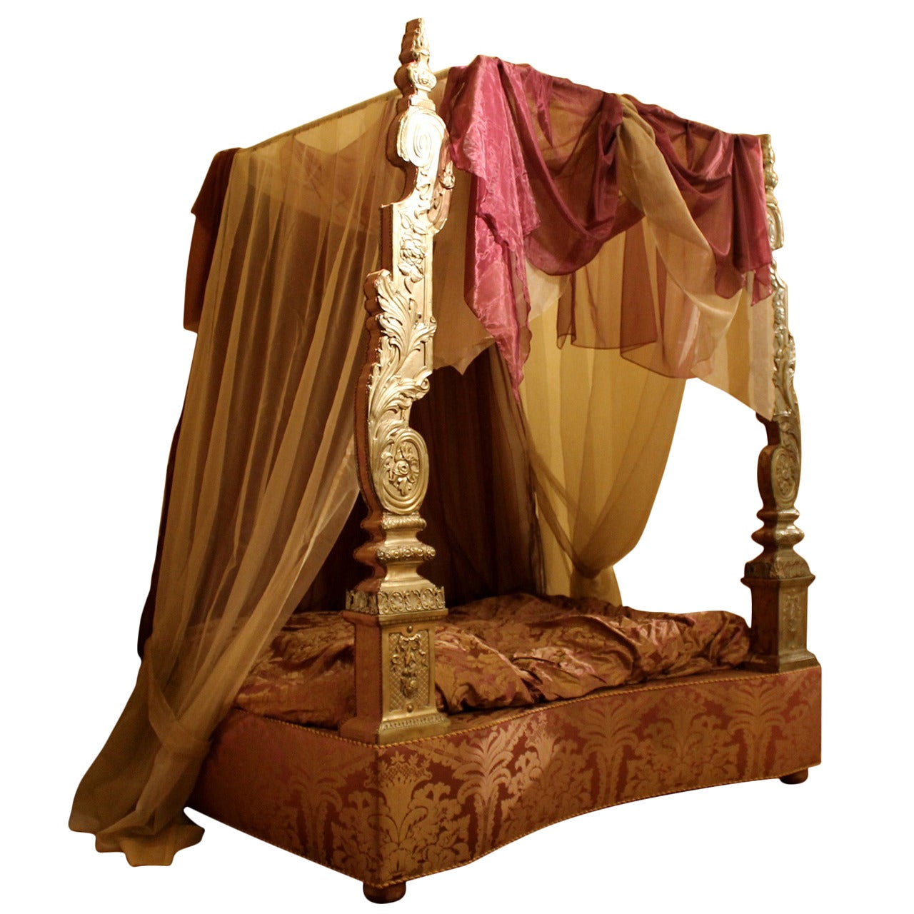 Italian 19th Century Canopy Bed with Silver Friezes and Upholstered Purple Silk  For Sale