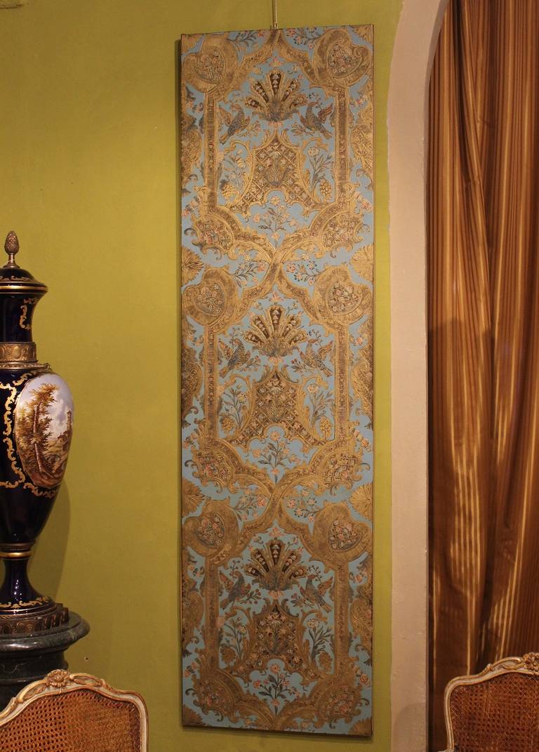 A beautiful French 19th century Zuber wallpaper, manufactured by Jean-Henri Zuber in 1836. 
This one-stripe wallpaper is adorned with gilt floral patterns and birds on a light blue background. In this work of art is exalted the zuber craftsmanship,