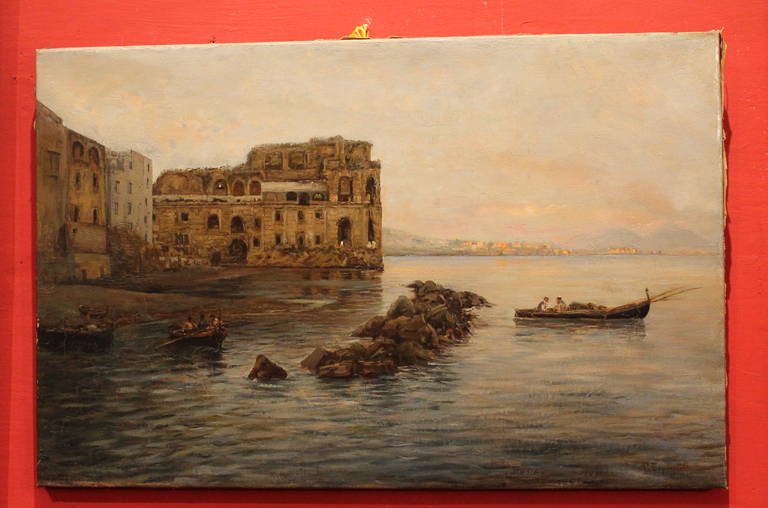 Oiled Italian 19th Century Impressionist Oil on Canvas Marine Landscape Painting