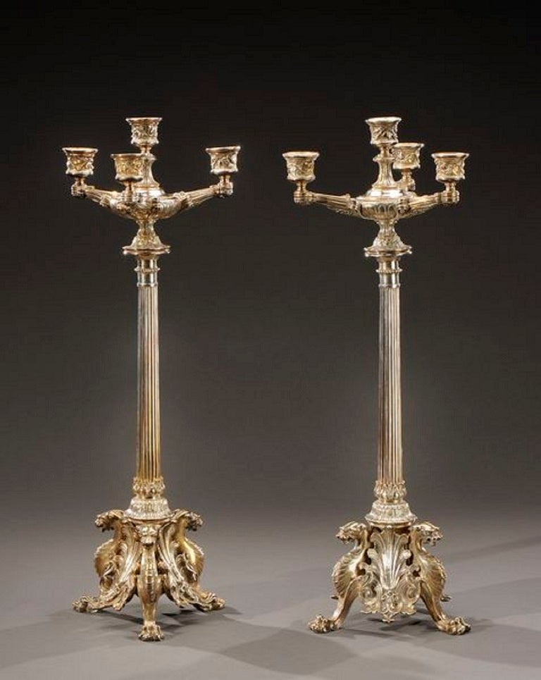 Pair of Silvered Bronze Candelabra in the Manner of Barbadienne