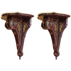 19th Century Neogothic French Black and Gilt Wood Wall Brackets with Marble Top
