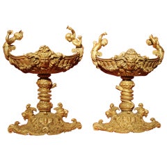 Pair of Ormolu Tazzas with Masks, Snakes, Lions and Putti, France 19th Century