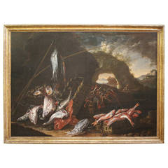 Still Life Canvas Painting with Fish, Basket and Landscape in the Background