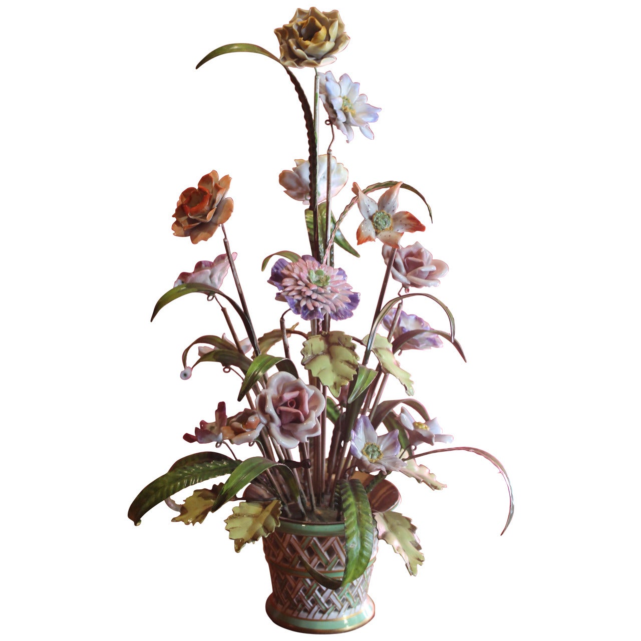 Italian Tole with Porcelain Polychrome Flowers Tree