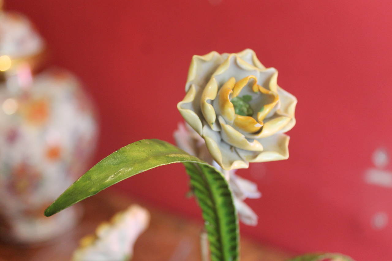 19th Century Italian Tole with Porcelain Polychrome Flowers Tree