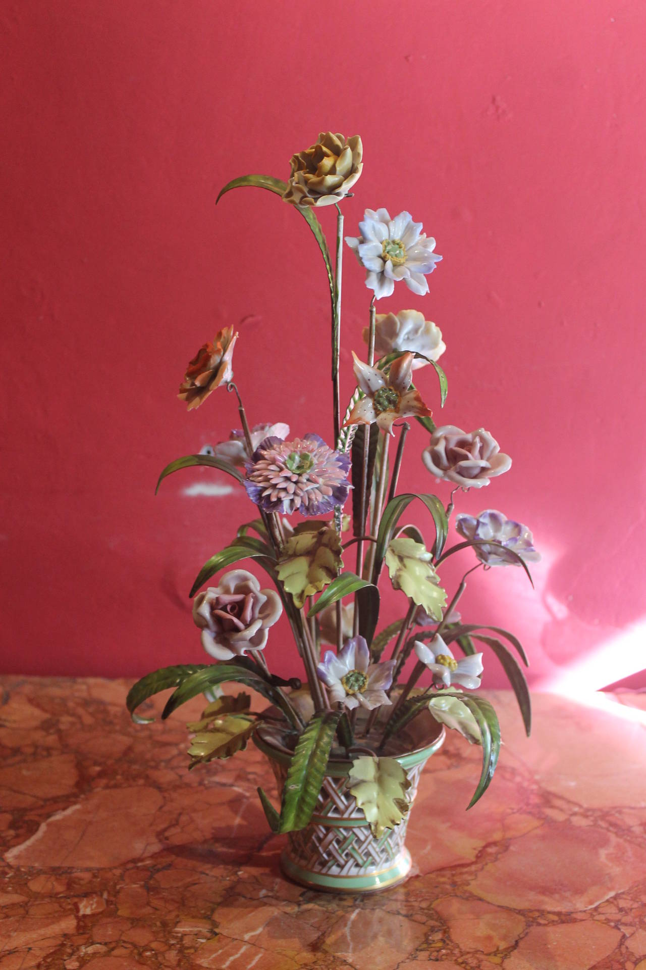 Italian Tole with Porcelain Polychrome Flowers Tree 3