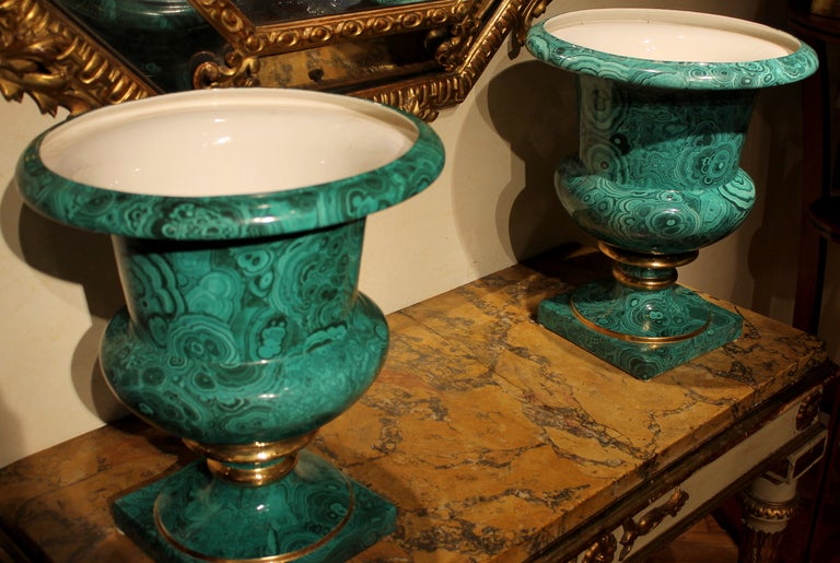 19th Century Faux Malachite Medici Vases