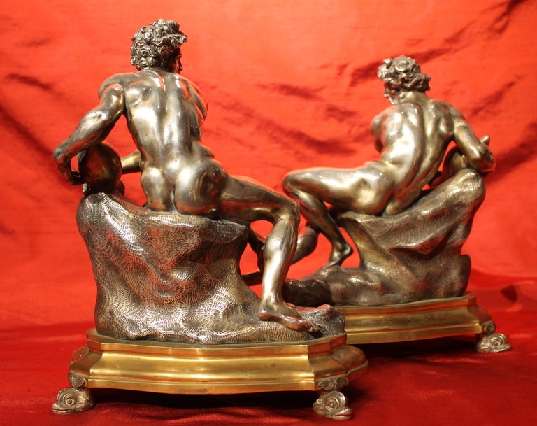 19th Century Pair Of Italian Silver Sculptures With Mercury Gilt Bronze Bases