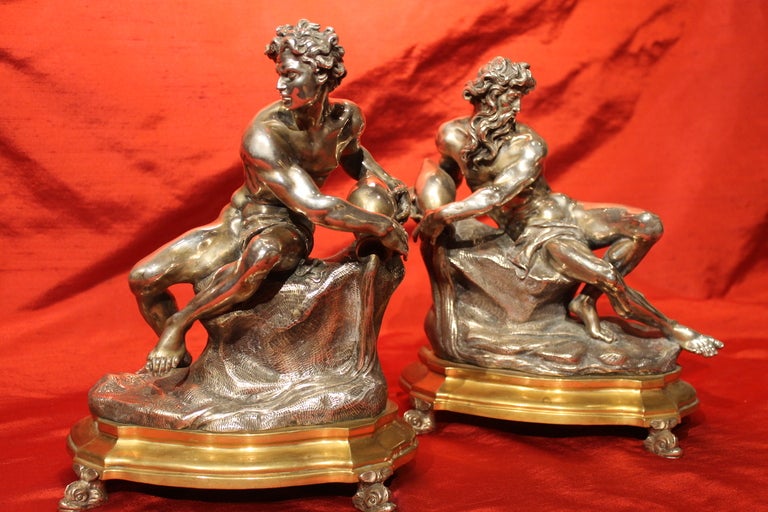 Pair Of Italian Silver Sculptures With Mercury Gilt Bronze Bases In Excellent Condition In Firenze, IT