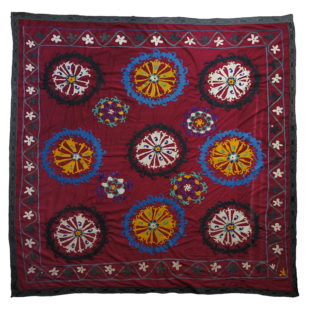 Large Vintage Uzbek Suzani Needlework Textile Blanket or Tapestry For Sale