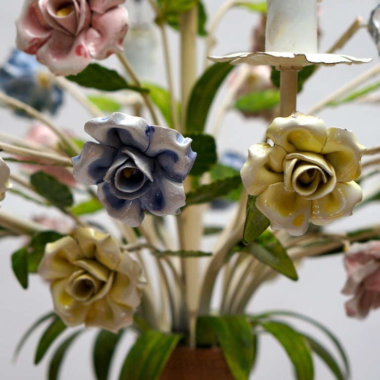 Mid-Century Modern Italian Tole Chandelier with Porcelain Flowers