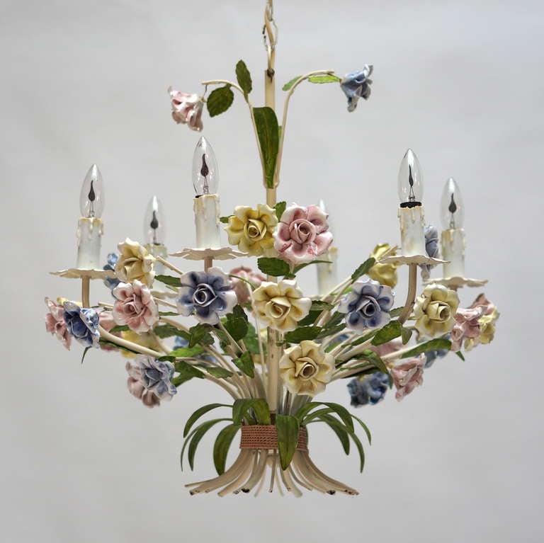 Italian Tole Chandelier with Porcelain Flowers 1